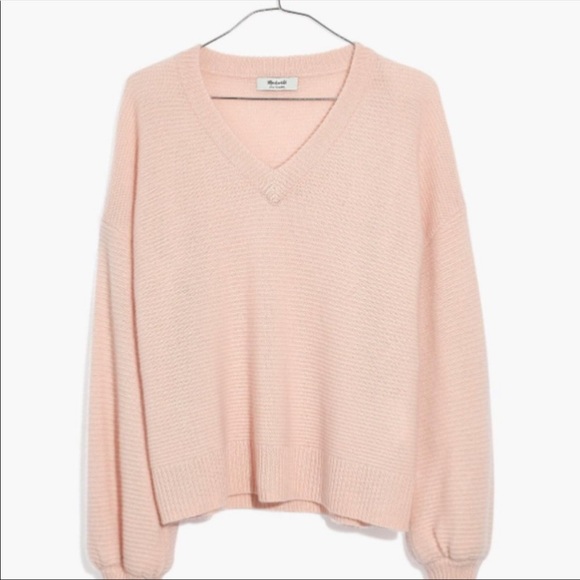 EUC Madewell 100% Cashmere Bubble Sleeve V- neck Sweater, Powder Pink - Picture 2 of 7